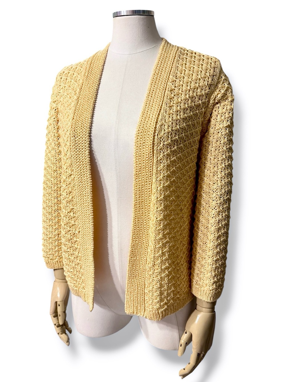CHICO’S Yellow Textured Knit Open Front Cardigan Size Small